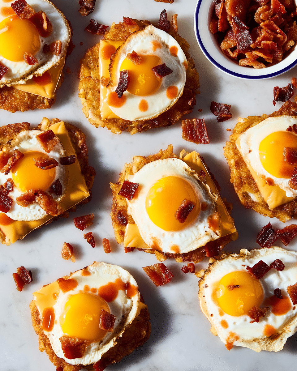 Several small open-faced sandwiches are arranged on a white marbled surface. Each sandwich has a base layer of crispy golden-brown hash browns, topped with a slice of melted bright orange American cheese. Above the cheese, there is a shiny fried egg with a bright yellow yolk and slightly crispy, white edges. Small pieces of dark red-brown cooked bacon are scattered on top of the eggs and around the sandwiches, adding a textured and colorful contrast. Some splashes of reddish-orange sauce are drizzled on the eggs and bacon, giving a glossy finish. A white bowl with a blue rim filled with crispy bacon pieces is partly visible on the right side. Photo taken with an iphone --ar 4:5 --v 7