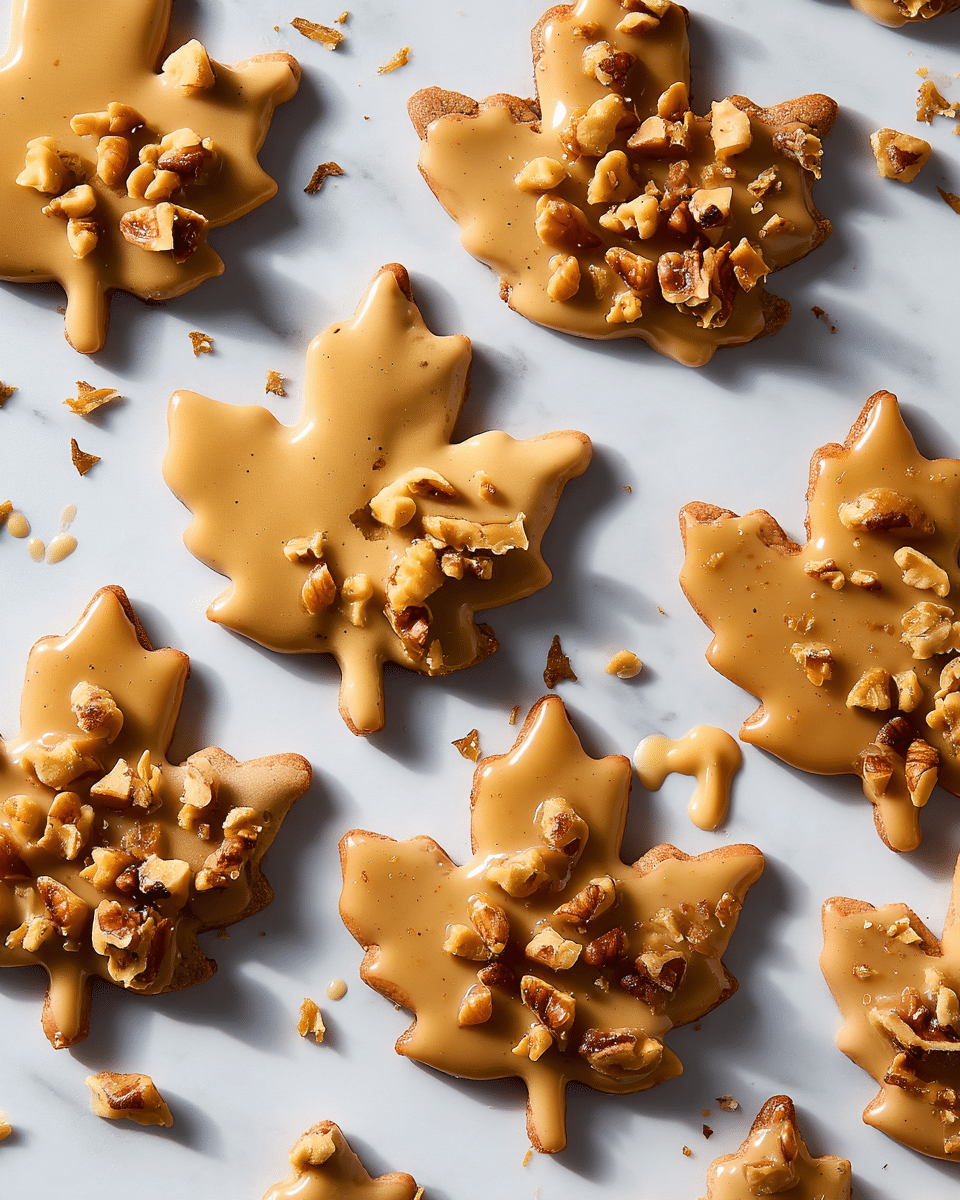 The image shows several maple leaf shaped treats on a white marbled surface, each with two layers: the bottom layer is a light brown cookie, topped with a smooth, glossy caramel or peanut butter colored icing layer. On top of the icing, pieces of chopped walnuts are sprinkled, adding a rough texture and darker brown color contrast. The treats are scattered in an irregular pattern with some small crumbs and walnut bits around them. photo taken with an iphone --ar 4:5 --v 7