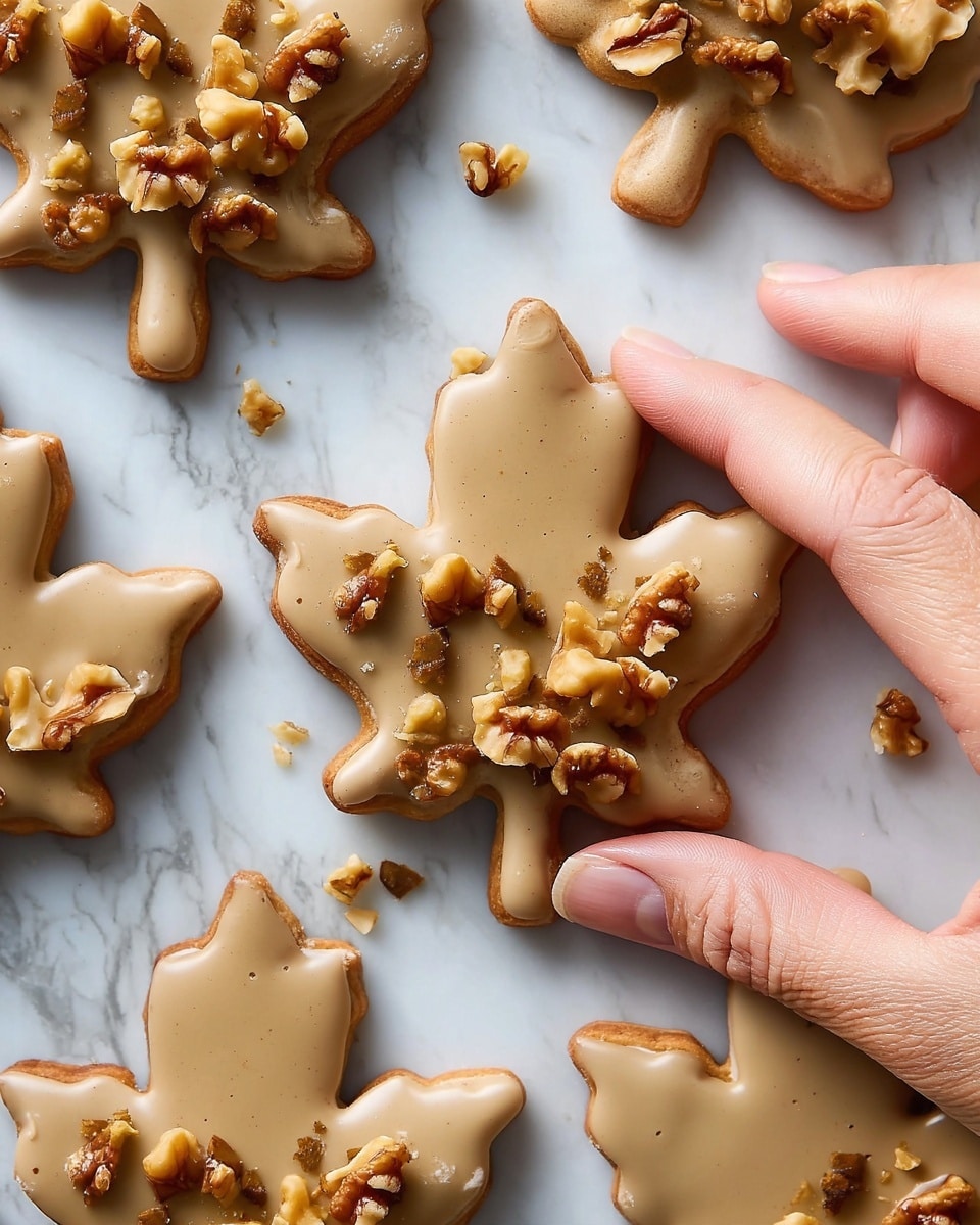 The image shows light brown maple leaf-shaped cookies with a smooth, matte icing layer covering each one. The cookies are decorated with small chunks of walnuts scattered mainly on the base and lobes of the leaves. A woman's hand is gently picking up one cookie from a white marbled textured surface. The cookies have a slightly rough edge and a firm texture under the icing, with some tiny crumbs around. photo taken with an iphone --ar 4:5 --v 7