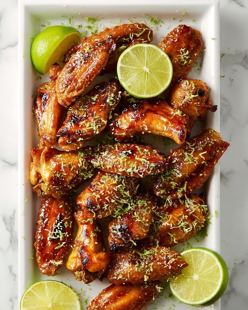 A white square plate filled with golden-brown chicken wings coated in a shiny, sticky orange glaze, with some slightly charred spots. The wings are sprinkled with bright green lime zest for a fresh touch. In one corner of the plate, there is a thick lime wedge showing its juicy inside. A woman's hand is holding one wing near the bottom left of the plate. The plate sits on a white marbled surface with some sauce smeared in the middle. photo taken with an iphone --ar 4:5 --v 7