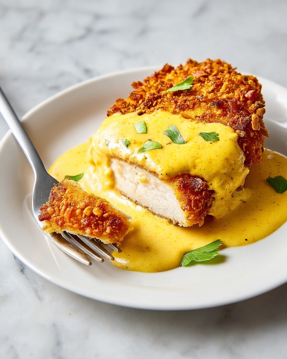 A piece of crispy breaded chicken cutlet sits on a white plate topped with a thick, creamy yellow sauce. The chicken has a golden brown crust with a crunchy texture, while the sauce covers the top layer smoothly, with a few small green herb leaves scattered on top for color. A silver fork holds a small piece of the chicken dipped in the sauce near the cutlet, and the plate is placed on a white marbled surface. photo taken with an iphone --ar 4:5 --v 7