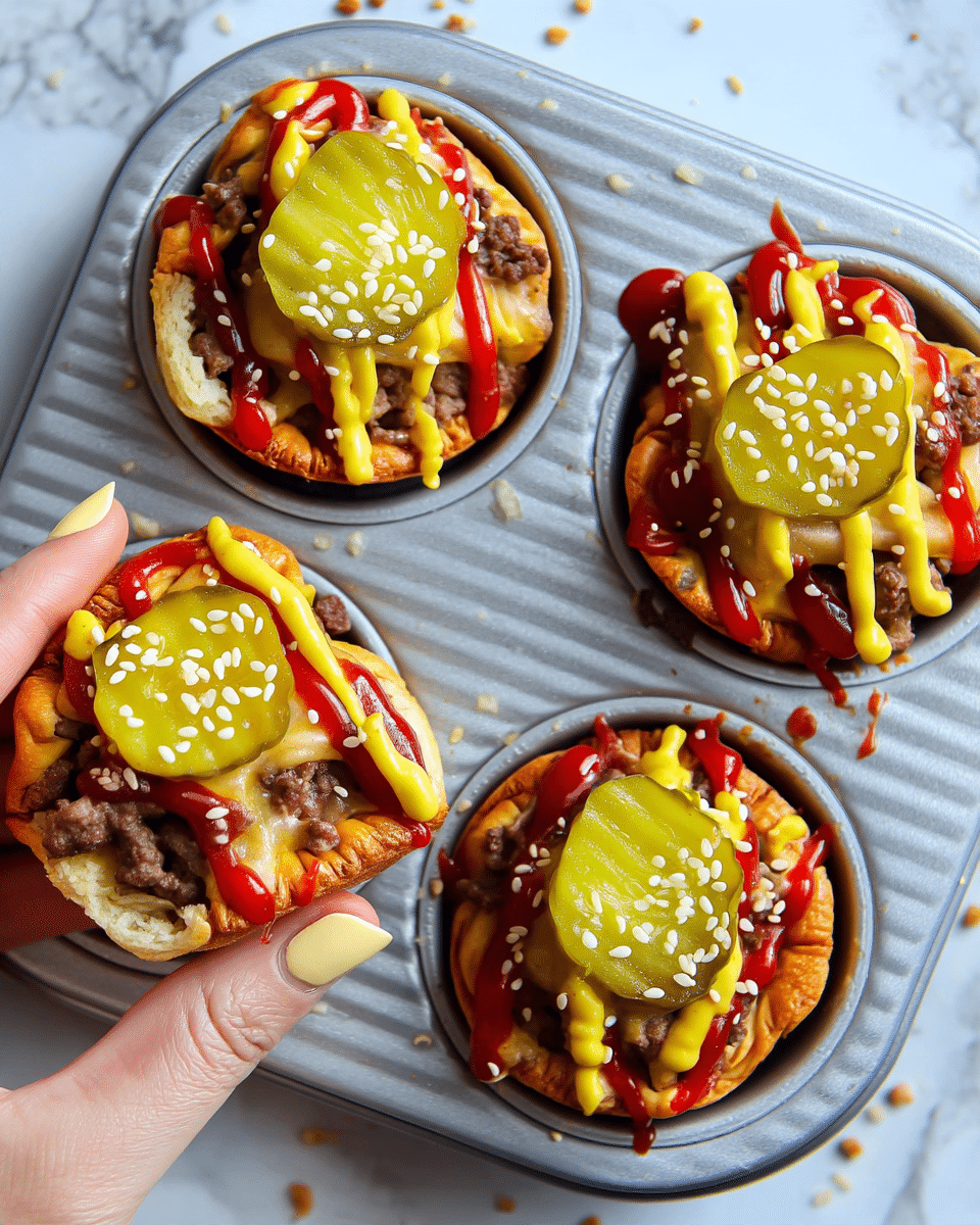 The image shows four small cheeseburger bites in a silver muffin tray on a white marbled surface. Each bite has three main layers: a toasted golden-brown mini bun base, a layer of cooked ground beef with some diced onions, and melted yellow cheese on top. Drizzled over the cheese are zigzags of red ketchup and bright yellow mustard. Each bite is topped with a large green pickle slice sprinkled with white sesame seeds. One bite is held by a woman's hand with pale yellow nail polish, showing the mini burger's soft and slightly crispy texture. Some sesame seeds and bits of beef are scattered around the tray. Photo taken with an iphone --ar 4:5 --v 7