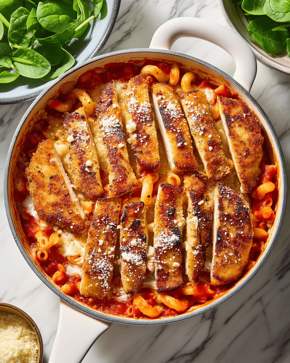 A round white-handled pan sits on a white marbled surface, filled with three main layers. The bottom layer is a bright red tomato sauce with small pieces of pasta visible, curling and peeking through. Above it is a layer of melted cheese that looks soft and gooey with some browning. On top are several large pieces of golden-brown breaded chicken cut into thick strips, arranged in a fan shape, sprinkled with white grated cheese, adding texture and contrast. To the side, a white bowl with fresh green spinach leaves is partly visible. Photo taken with an iphone --ar 4:5 --v 7