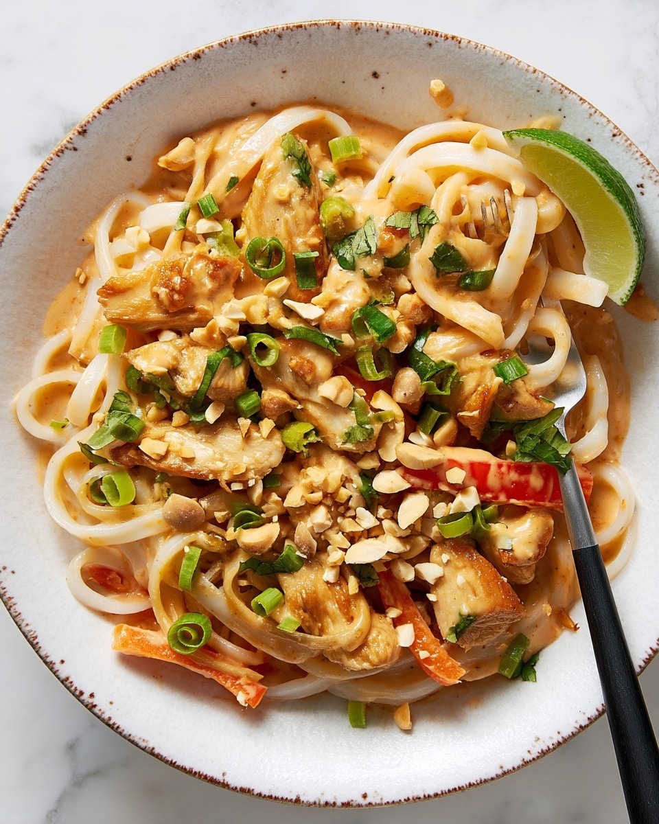 This close-up view shows a dish with three main layers: at the bottom, light beige flat noodles tangled together; in the middle, thin strips of light brown cooked chicken mixed with bright red bell pepper slices and white onion strands; on top, a creamy tan sauce drizzled over the noodles and chicken, sprinkled with chopped green onions and small pieces of crushed peanuts. Metal tongs are placed on the noodles in the center. The dish is set on a white marbled surface. photo taken with an iphone --ar 4:5 --v 7