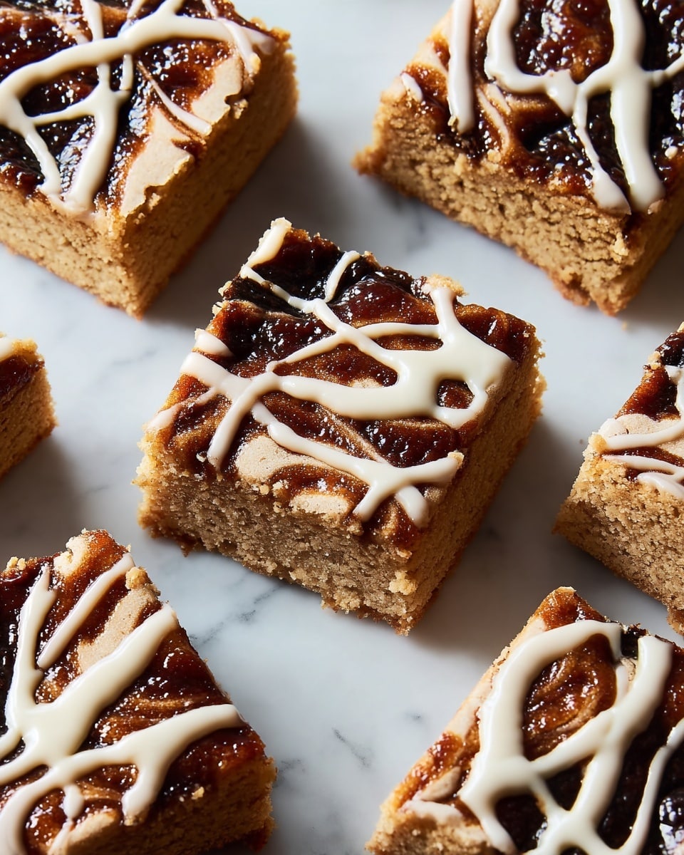 Several square pieces of a layered bar dessert are shown arranged on a white marbled surface. Each piece has a thick bottom cake layer that is light brown and crumbly. The top layer is a darker brown spread with a glossy, swirled pattern covered partially by a smooth white drizzle in random loops and lines. The pieces are close together, with one piece slightly askew in the center, revealing the textured sides of the bottom layer. The lighting is soft and natural, highlighting the moist texture of the dessert. Photo taken with an iphone --ar 4:5 --v 7