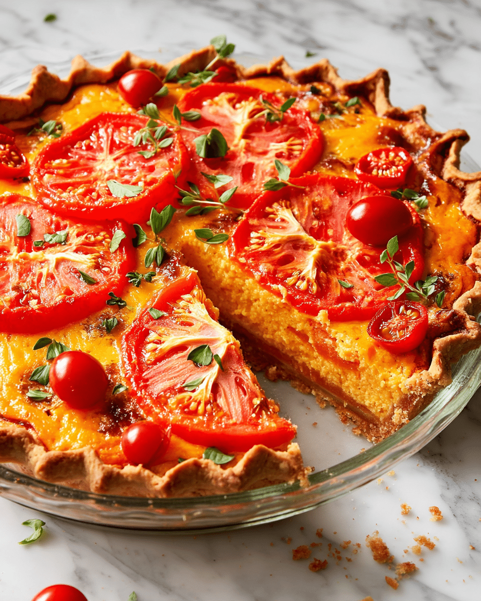 A baked savory pie is shown in a clear glass pie dish on a white marbled surface, with a golden-brown thick crust lining the edges, slightly crimped and flaky. The pie is sliced into pieces, with one slice slightly separated. The top layer features bright red, thick tomato slices spread evenly across a melted, orange-yellow cheese layer beneath. Small green herb leaves are scattered on top, adding a fresh touch. Some red cherry tomato halves are placed on the surface, contributing glossy texture and color contrast. Crumbs and small herb leaves are scattered around the dish on the white marbled surface. photo taken with an iphone --ar 4:5 --v 7