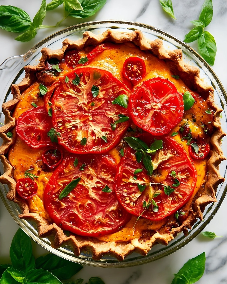 A round pie with a golden-brown crust that has a scalloped edge sits in a clear glass dish. The pie has a thick orange cheese layer that fills the crust, topped with large, bright red tomato slices arranged to cover the surface. Smaller cherry tomato slices are scattered among the larger slices. Fresh green herbs like basil and parsley leaves are sprinkled on top, adding a fresh green contrast to the reds and orange. The pie is placed on a white marbled surface with a few loose herb leaves around it. Photo taken with an iphone --ar 4:5 --v 7