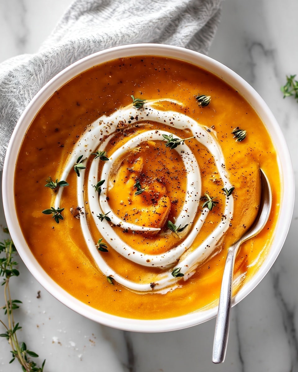 A white bowl filled with smooth, thick orange soup, topped with a swirl of white cream creating a spiral pattern from the center outward. Small green thyme leaves are scattered on the cream and soup, along with sprinkles of ground black pepper adding texture and contrast. A silver spoon rests inside the bowl on the right side, slightly dipping into the soup. The bowl is placed on a white marbled surface. photo taken with an iphone --ar 4:5 --v 7