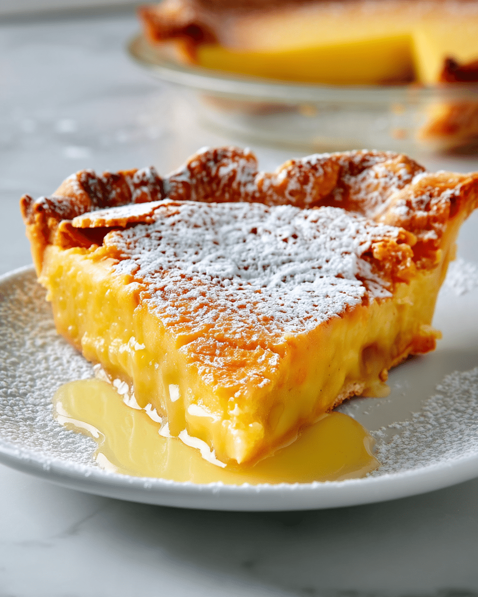 A close-up image of a single slice of deep yellow pie with a slightly dark golden crust around the edges, placed on a white plate with a light texture. The pie appears creamy and soft, with a thick filling that looks smooth and rich. The top has a dusting of fine white powdered sugar, and a clear glaze or syrup drips slightly off one side. The bright slice is set against a white marbled texture background with a glass pie dish partially visible in the blurred background. photo taken with an iphone --ar 4:5 --v 7