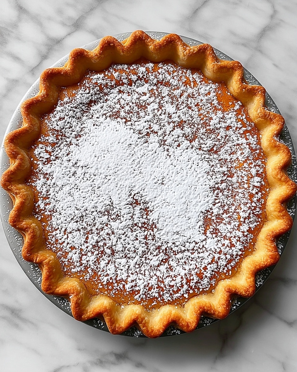 A single-layer pie with a golden brown crust that has a wavy, crimped edge around the rim. The top surface of the pie is covered evenly with a fine white powder of powdered sugar, creating a snowy effect. The pie is placed on a round gray pie dish set on a white marbled texture. photo taken with an iphone --ar 4:5 --v 7