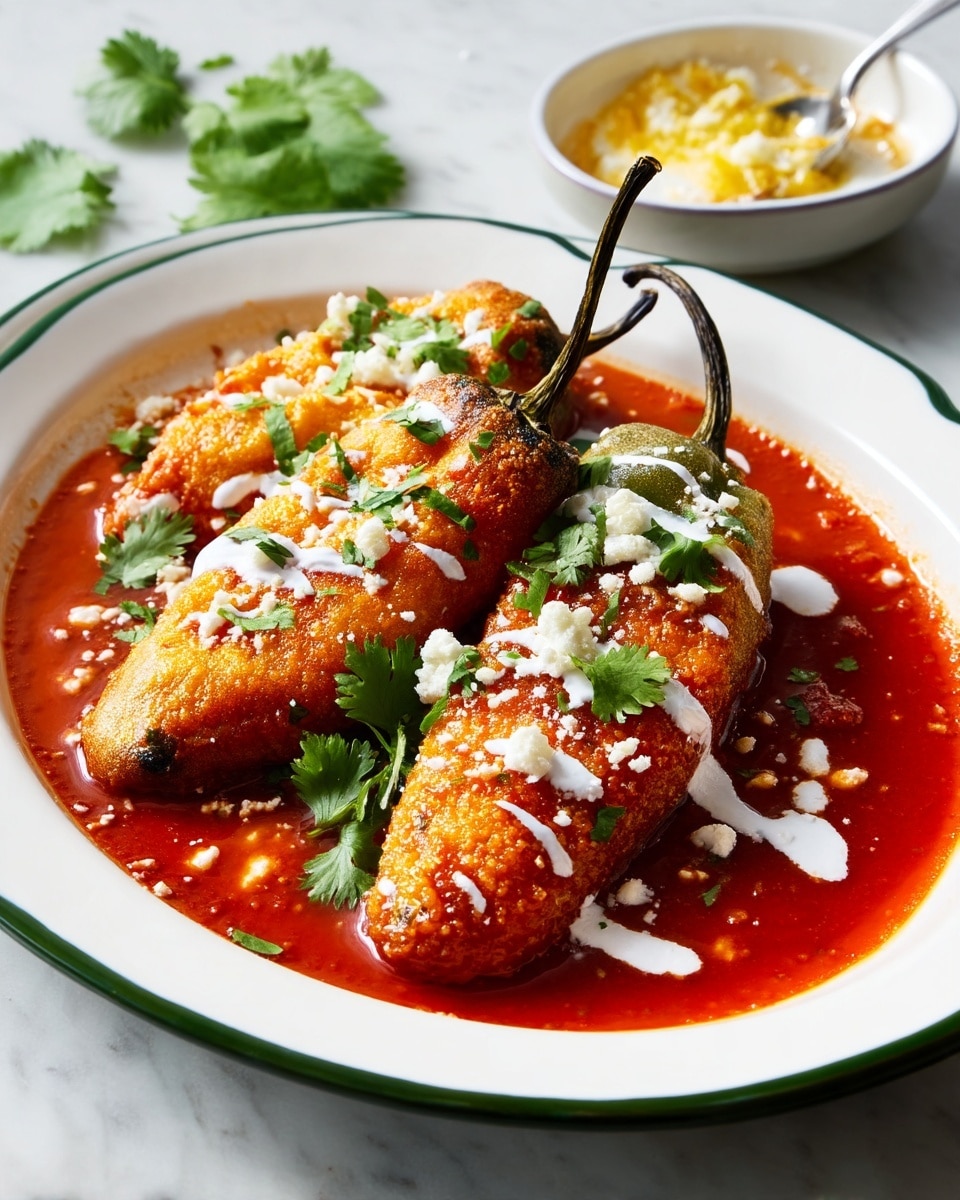 The dish shows three large golden-brown fried peppers laying in a pool of bright red sauce on a white plate with a dark green rim. Each pepper is covered with thin white cream drizzles and small white cheese crumbles scattered on top. Fresh green cilantro leaves are sprinkled over the peppers and sauce. One pepper is lifted by a spatula, showing its crispy, textured surface and the pepper’s dark brown stem. In the background, there is a small white bowl with a creamy yellow mixture. The whole scene is set on a white marbled surface. photo taken with an iphone --ar 4:5 --v 7