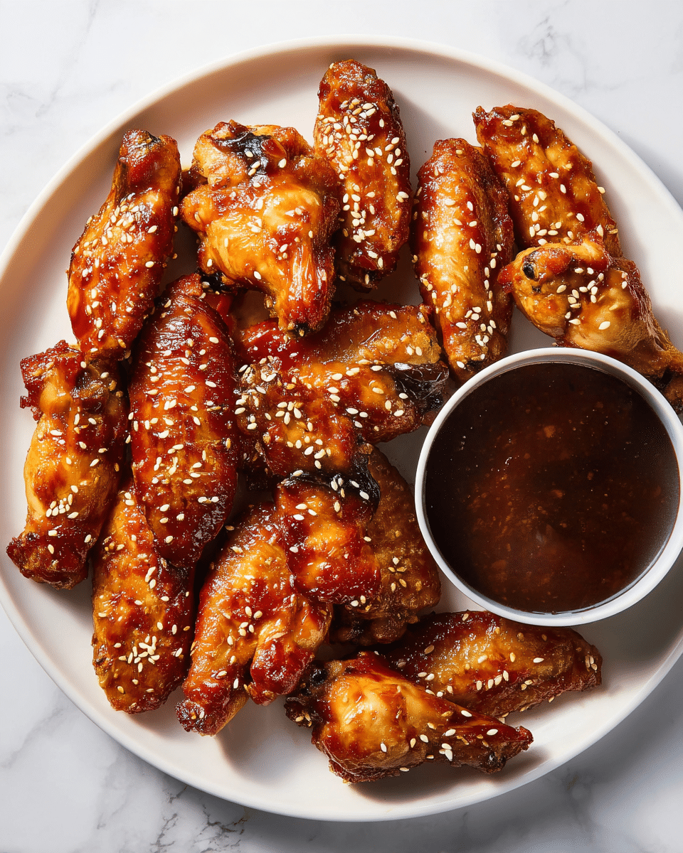 A white plate holds many glossy, golden-brown chicken wings with a sticky sauce coating each piece. The wings are sprinkled with small white sesame seeds that add texture and interest. On the right side of the plate, there is a small white bowl filled with dark brown dipping sauce; one wing is partly dipped in the sauce. The chicken wings look slightly charred in some parts, giving them a crispy, roasted appearance. The plate sits on a white marbled surface. photo taken with an iphone --ar 4:5 --v 7
