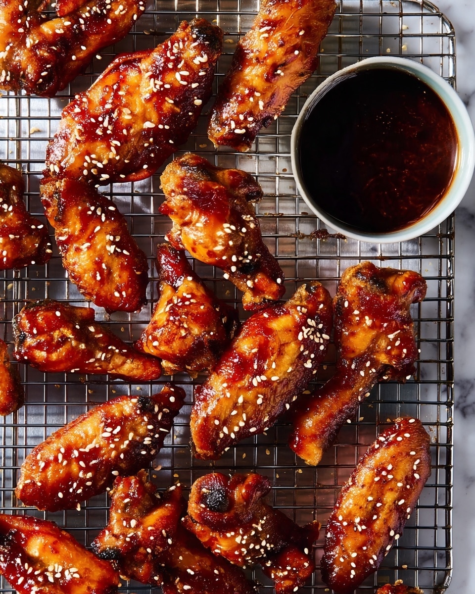 The image shows many glazed chicken wings with a shiny, sticky reddish-brown sauce, sprinkled with white sesame seeds. The wings are spread evenly on a metal cooling rack with square grids. On the right side, there is a small white bowl filled with dark brown dipping sauce. The background is a white marbled texture. The chicken wings have a crispy, caramelized look with some charred spots for texture. Photo taken with an iphone --ar 4:5 --v 7