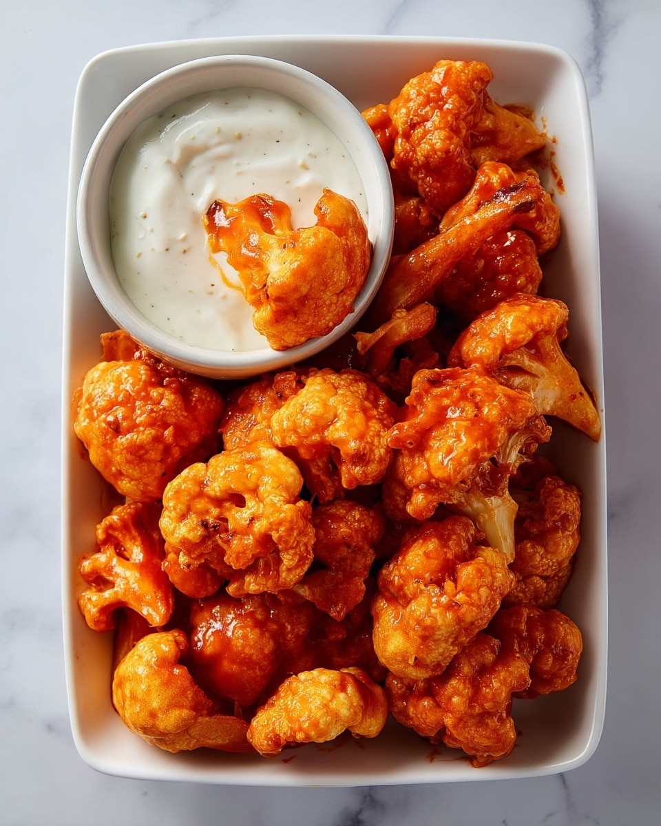 A white rectangular dish filled with multiple pieces of bright orange, crispy buffalo cauliflower wings coated in a shiny, thick spicy sauce, each piece showing a textured fried batter. On the left side of the dish, a small white round bowl holds a smooth, creamy white ranch dip, with one buffalo cauliflower wing partially dipped into it. The background is a white marbled texture. photo taken with an iphone --ar 4:5 --v 7