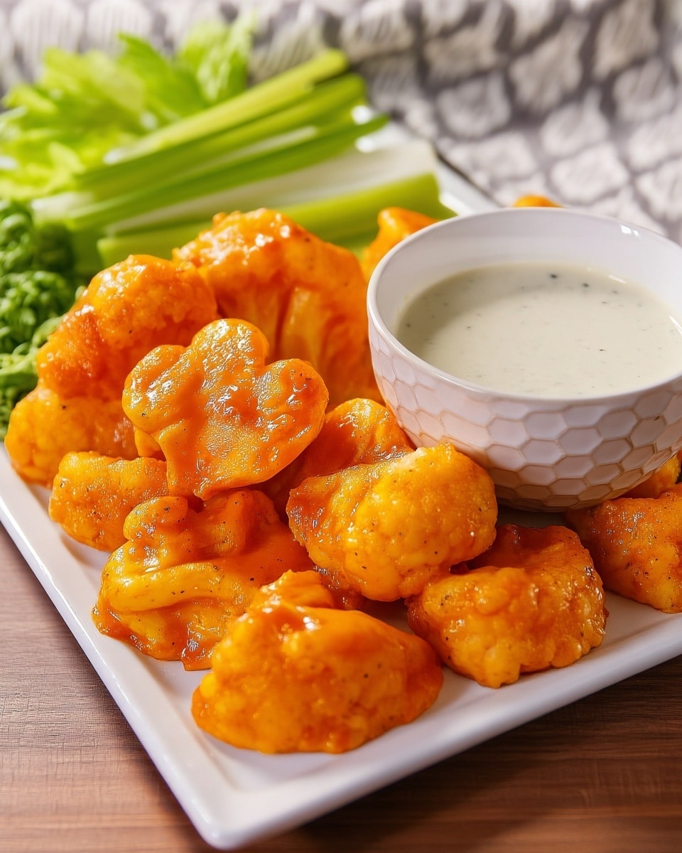 A white rectangular plate filled with one layer of bright orange buffalo cauliflower bites with a shiny, slightly bumpy texture, stacked close together on the left side. On the right side of the plate, there is a single white bowl with a honeycomb pattern, filled with smooth, creamy, off-white ranch dipping sauce. The plate sits on a wooden surface with the background showing blurred white and green celery sticks and a textured white cloth. photo taken with an iphone --ar 4:5 --v 7