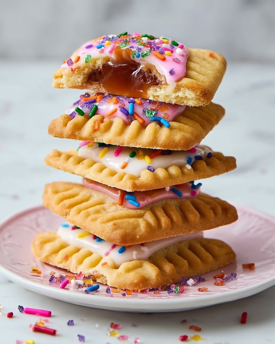 A tall stack of six square-shaped sugar cookies with scalloped edges sits on a white plate with a pink edge, against a white marbled background. Each cookie layer alternates between plain golden-brown cookie and a colorful frosting, with the frostings being white or light pink, topped with multicolored round and rod-shaped sprinkles. The top cookie has a bite taken out of it, showing a soft caramel center. Some sprinkles are scattered around the plate base, adding a playful touch. Photo taken with an iphone --ar 4:5 --v 7