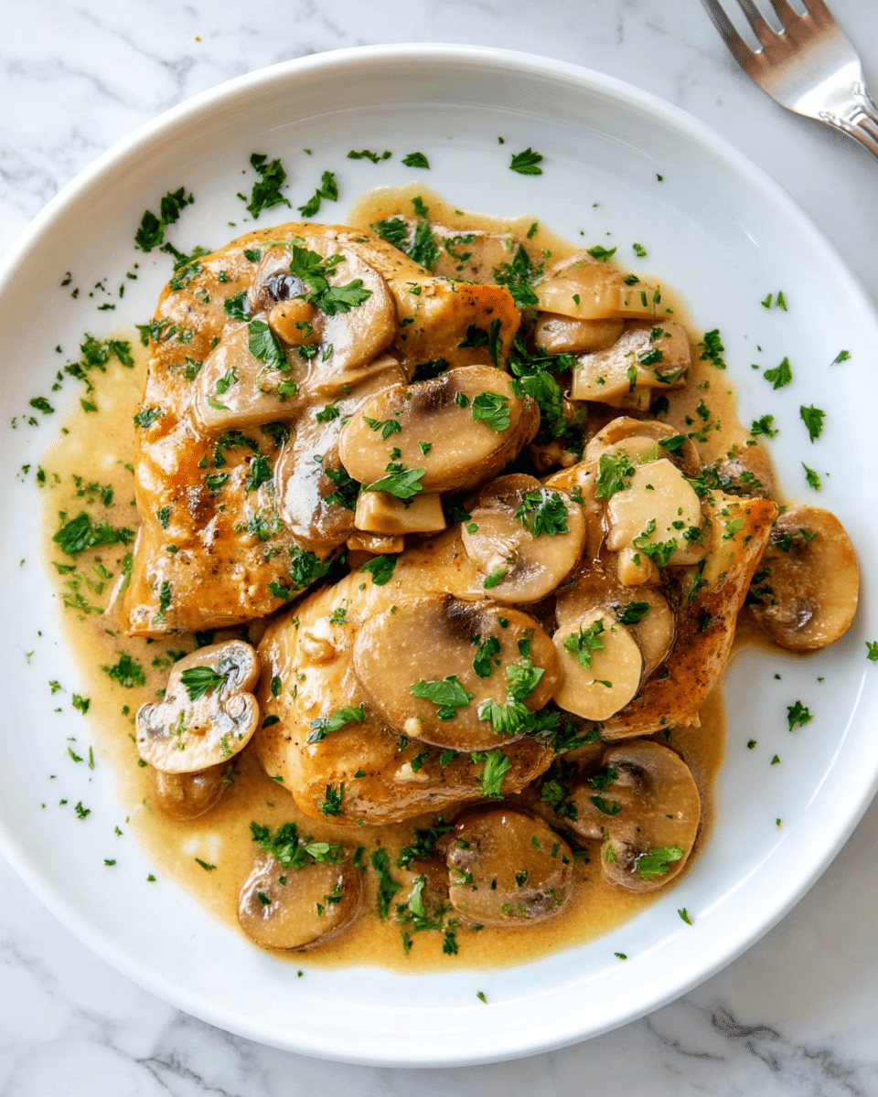 The white plate holds two cooked chicken breasts as the base layer, golden brown and juicy with a slight sear. Over and around the chicken, there is a thick light brown creamy sauce covering most of the dish. On top of the chicken and sauce, several light tan mushroom slices are spread, some overlapping, adding texture and color contrast. The whole dish is sprinkled with small pieces of bright green parsley, scattered evenly to bring freshness and a pop of color. The plate rests on a white marbled surface, and the edge of a fork is visible in the top right corner. photo taken with an iphone --ar 4:5 --v 7