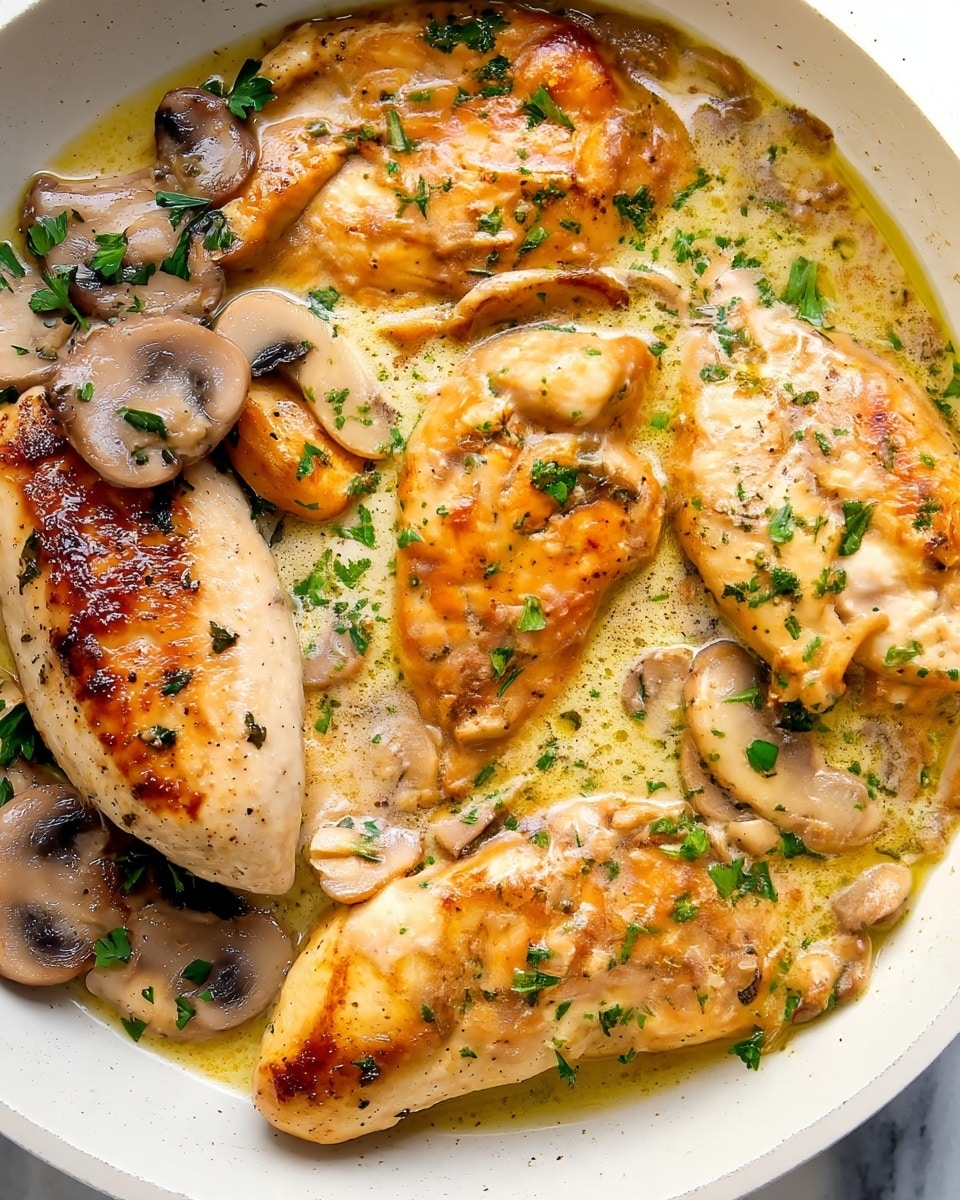 A close-up of four golden-brown cooked chicken breasts sitting in a buttery light yellow creamy sauce with small bubbles, mixed with sliced mushrooms that are light brown and soft-looking. The chicken looks tender with a slight crisp on the outside, sprinkled with small pieces of fresh green parsley scattered on top. The dish is served in a white bowl, placed on a white marbled surface. photo taken with an iphone --ar 4:5 --v 7