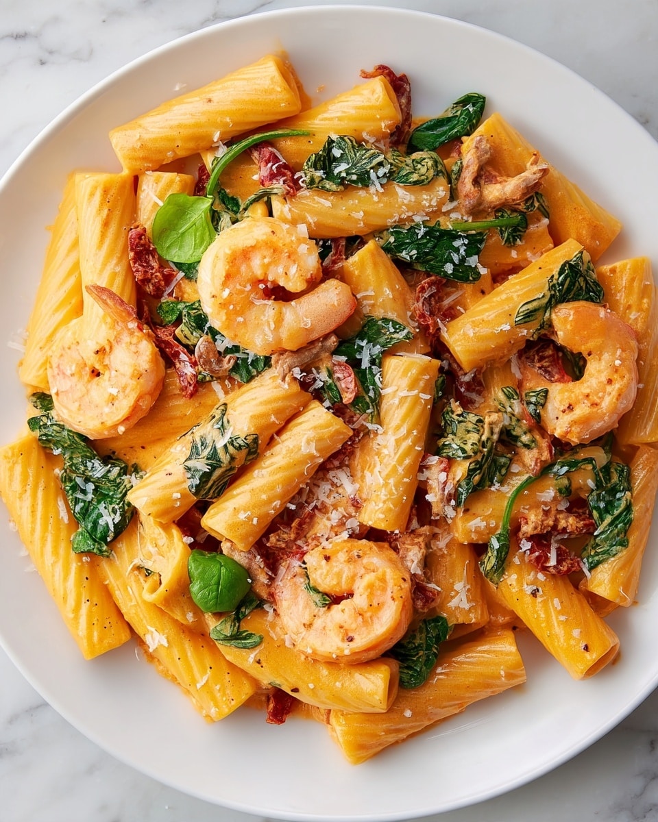 The image shows a white plate filled with rigatoni pasta covered in a creamy orange sauce. Scattered among the pasta are medium-sized cooked shrimp, light pink and firm in texture. Small pieces of bright green spinach leaves and bits of reddish sun-dried tomatoes add color throughout the dish. Grated white cheese is lightly sprinkled on top. The plate rests on a white marbled surface. Photo taken with an iphone --ar 4:5 --v 7