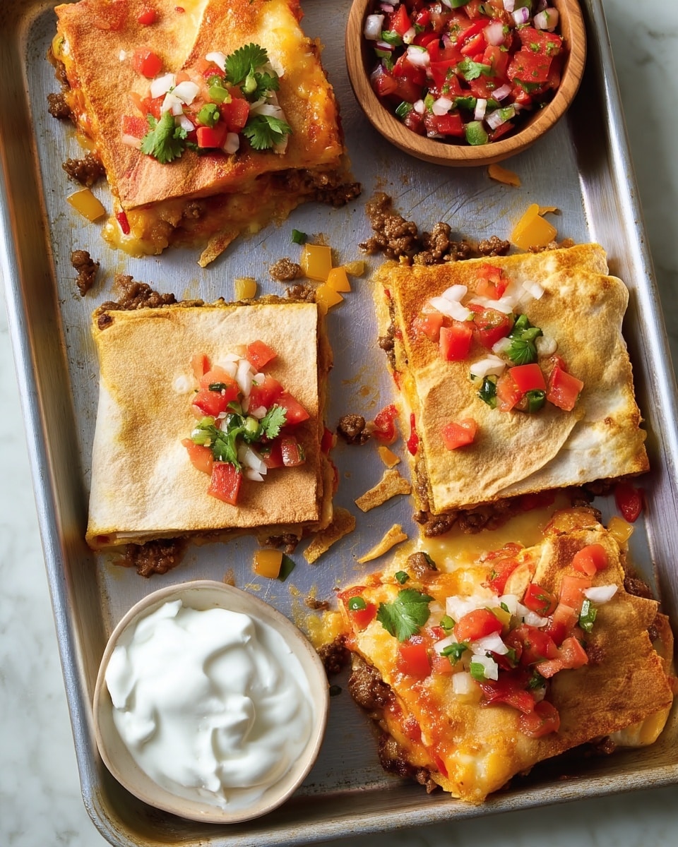 A baking tray holds several square quesadillas cut into pieces, each with two layers of golden brown grilled tortillas. Inside, a filling of melted cheese and cooked ground meat mixed with small bits of red and yellow bell peppers is visible at some edges. On top of some quesadilla squares, there is a colorful topping of fresh salsa made of diced red tomatoes, green jalapeños, white onions, and green cilantro. To the side, a white bowl holds sour cream, and a wooden bowl contains extra fresh salsa with bright red and green colors. All items rest on a white marbled surface, showing a casual and inviting meal setting. Photo taken with an iphone --ar 4:5 --v 7