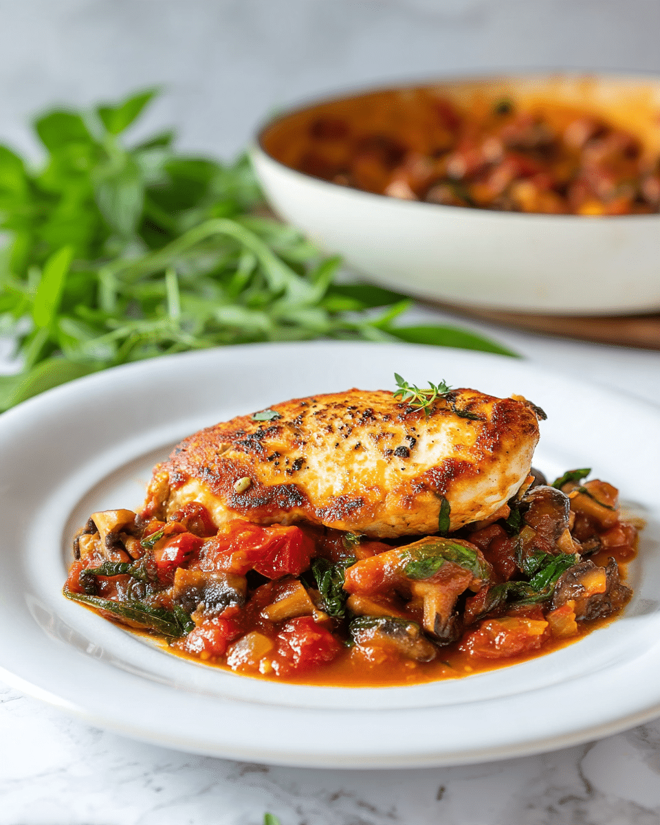 A white plate holds one serving of cooked chicken breast, golden brown with light charring on the surface. The chicken sits on a thick, rich tomato-based sauce that has visible chunks of red tomatoes, mushrooms, and leafy greens all mixed together, creating a textured and hearty layer underneath and slightly overlapping the meat. In the background, part of a white pan filled with the same tomato and vegetable sauce is visible. The plate rests on a white marbled surface with some green leafy herbs placed nearby. Photo taken with an iphone --ar 4:5 --v 7