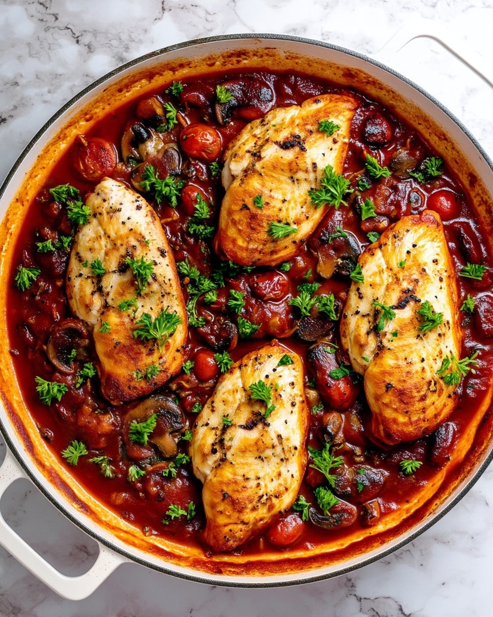 The image shows a white cast iron pan filled with four golden-brown cooked chicken breasts resting on a thick, rich red tomato sauce that has visible chunks of tomatoes, slices of mushrooms, and wilted green herbs. Small bright green parsley leaves are sprinkled over the sauce and chicken, adding a fresh touch of color. The chicken has a slightly crispy texture with some black pepper specks, and the sauce looks smooth and glossy with a hearty consistency. The pan sits on a white marbled surface. photo taken with an iphone --ar 4:5 --v 7