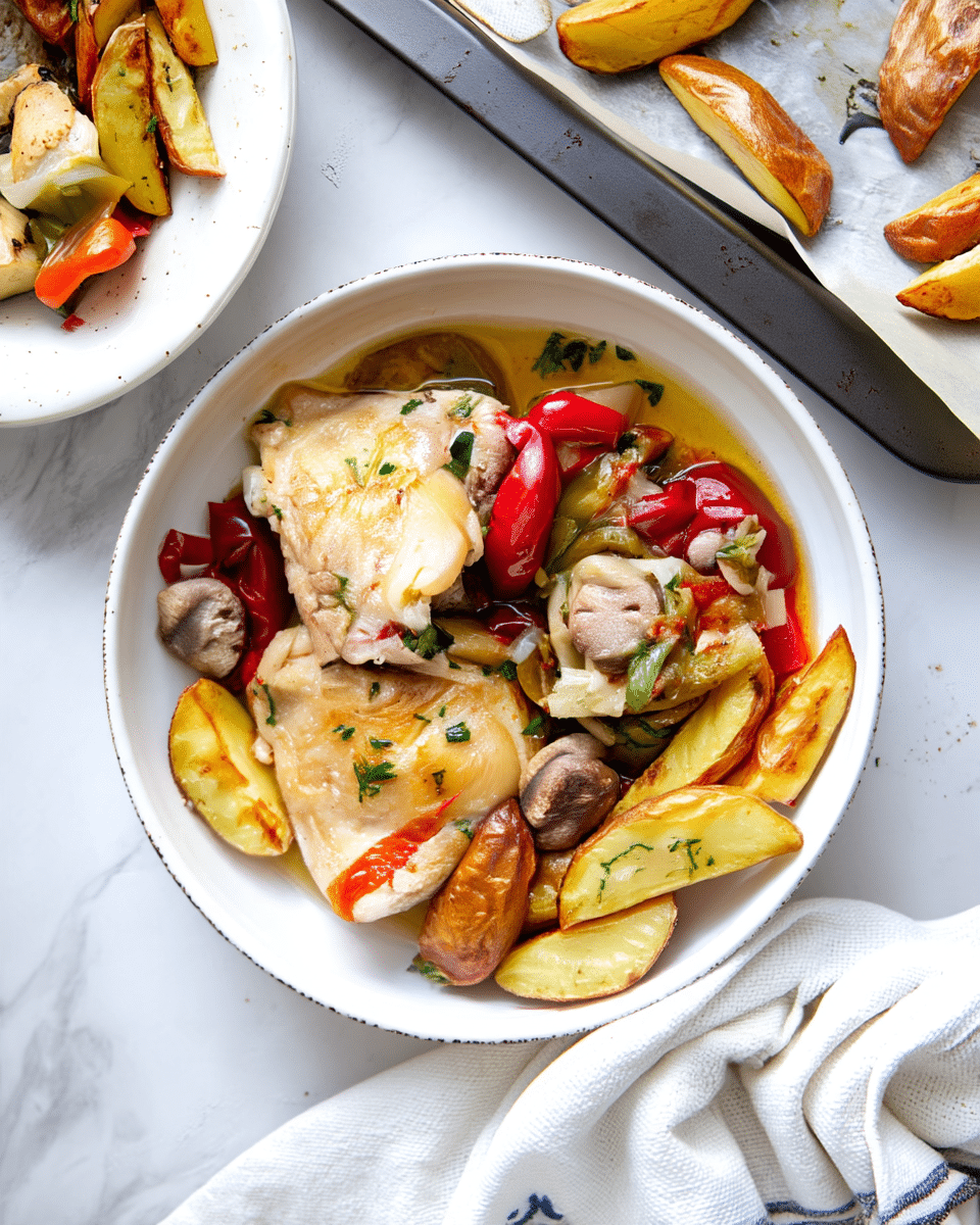 A white bowl holds a meal with two cooked chicken thighs on top, pale yellow with light brown edges, garnished with small green herb pieces. Surrounding the chicken are soft red peppers, browned mushrooms, and cooked onions with green herbs mixed in, creating a colorful base layer. Golden brown potato wedges with a slightly crispy texture sit around the chicken and vegetables, adding warmth and contrast. In the background, a baking tray with parchment paper shows more golden roasted potato wedges, and part of a white plate with additional potato wedges and mixed vegetables is visible. The whole scene rests on a white marbled surface with a folded white cloth nearby. Photo taken with an iphone --ar 4:5 --v 7