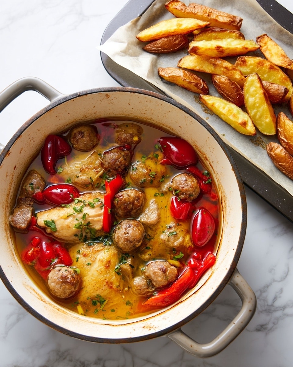 A round white pot filled with golden-brown cooked chicken pieces on top, surrounded by roasted bright red peppers and small round browned sausage pieces in a clear, golden broth with small green herb flakes sprinkled over. To the top right, a white baking tray holds several golden potato wedges with browned edges on parchment paper. The whole setting sits on a white marbled surface. photo taken with an iphone --ar 4:5 --v 7