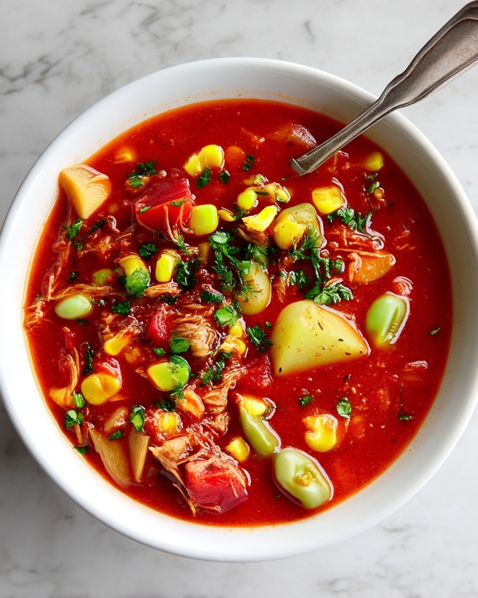 A white bowl filled with thick red tomato soup containing visible layers of chunky light yellow potato pieces, green fava beans, and bright yellow corn kernels mixed with shredded meat and small bits of tomato and onion, sprinkled with chopped fresh green herbs on top. The soup has a glossy, slightly oily surface. A tarnished silver spoon rests above the bowl on a white marbled surface. Photo taken with an iphone --ar 4:5 --v 7