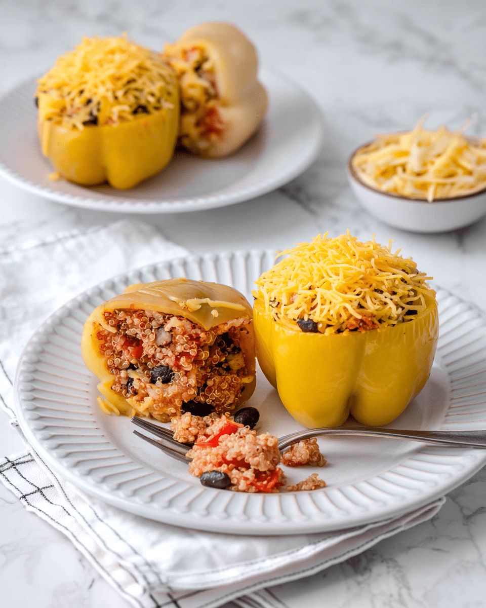 The image shows two stuffed peppers on a white plate with a ridged edge, placed on a white marbled surface with a folded white cloth with gray stripes underneath. One stuffed pepper is whole with shredded yellow cheese on top and a smooth, pale yellow outer skin. The other pepper is cut open to reveal three layers inside: the pale yellow pepper skin on the outside, a chunky filling in the middle made of quinoa, black beans, and red tomato pieces, and some loose filling spilling onto the plate. In the background, there is another white plate holding two stuffed peppers and a small white bowl with shredded yellow cheese. A silver fork rests on the plate with the cut pepper. photo taken with an iphone --ar 4:5 --v 7