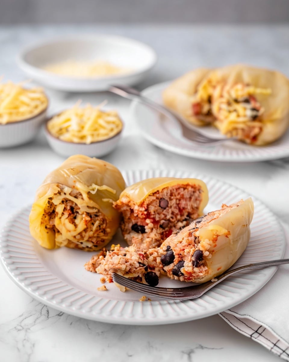 The image shows stuffed cabbage rolls on a white plate with ridged edges, placed on a white marbled surface. The cabbage leaves are pale yellow and slightly translucent, wrapping a filling made of ground meat, quinoa, black beans, and bits of tomato, giving a mix of beige, black, and red colors inside. One roll is cut open to reveal the filling, with a fork holding a bite-sized piece in front, showing the crumbly texture. In the background, there is another white plate with more stuffed cabbage rolls and a small white bowl filled with shredded cheese, blurred softly. photo taken with an iphone --ar 4:5 --v 7