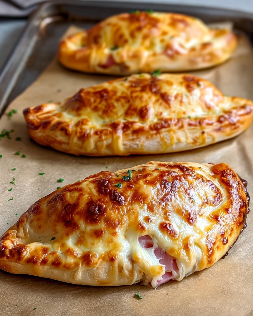 Three golden-brown calzones rest close to each other on a baking sheet covered with parchment paper, each with a slightly puffed, crispy crust that has a glossy, melted cheese layer on top, bubbling and browned in spots; the front calzone shows a small tear revealing bits of pink ham and melted white cheese inside while small green herb pieces are sprinkled on the surface. photo taken with an iphone --ar 4:5 --v 7