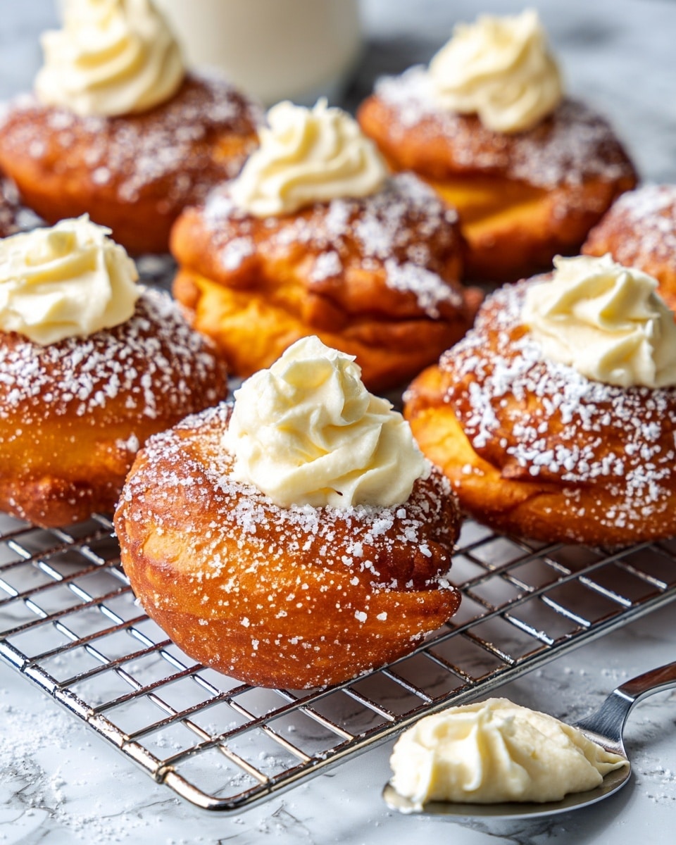A close-up of several golden brown fried dough pieces cooling on a metal rack, some topped with a thick layer of off-white creamy icing that has swirled textures, and others sprinkled with fine white powdered sugar giving a soft dusted look; the dough has a crispy surface with slightly irregular edges and a warm, rich color. To the side, a silver spatula holds a dollop of the creamy icing, resting on a white marbled surface. Photo taken with an iphone --ar 4:5 --v 7