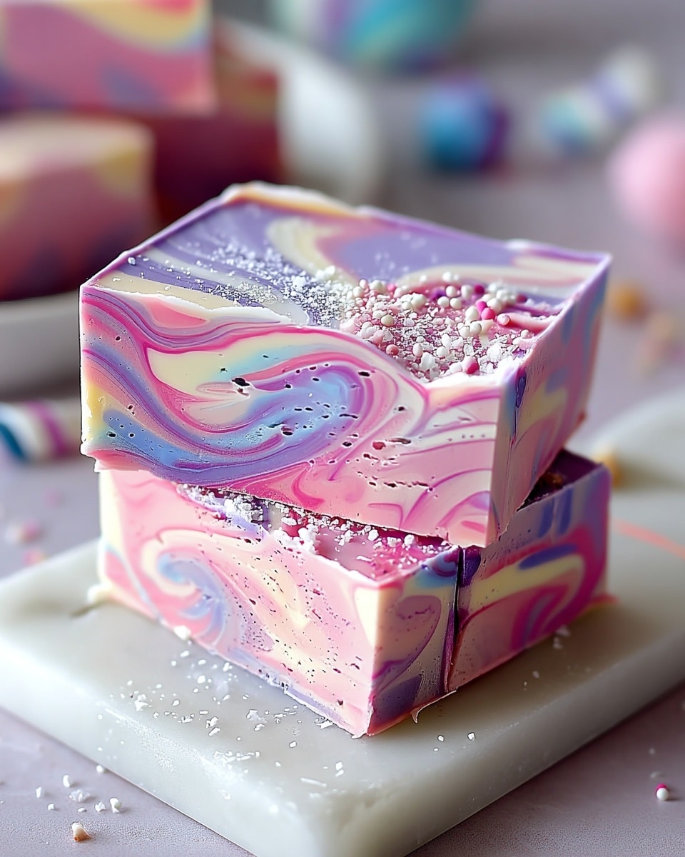 The image shows two square pieces of swirled fudge stacked on top of each other, each piece featuring three main layers of light pink, purple, and cream colors mixed in smooth swirls with small air bubbles on the surface. The top piece lies slightly askew on the bottom piece, showing the marbled patterns on the sides and top. The fudge sits on a white marble board with tiny granules of sugar scattered around them. The background is softly blurred, featuring hints of pastel colors and another plate with similar fudge pieces. Photo taken with an iphone --ar 4:5 --v 7