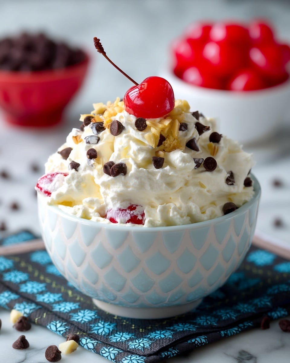 A white ceramic bowl filled with a mix of creamy white whipped cream layered with small bright red cherries and sprinkled with small dark brown chocolate chips and chopped light brown nuts on top, with one shiny red cherry placed at the peak in the center. The bowl is set on a dark blue cloth with light blue patterns on a white marbled surface. In the background, there is a blurry white bowl filled with red cherries and a red bowl with dark brown chocolate chips. photo taken with an iphone --ar 4:5 --v 7