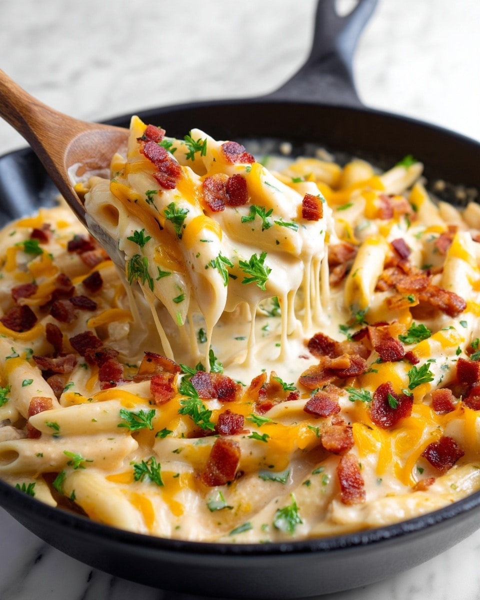 A black cast iron pan filled with creamy pasta showing two main layers: the creamy white sauce mixed with penne pasta forming the thick base layer, and scattered crispy bacon bits and small green parsley pieces on top, adding texture and color contrast; orange melted cheese pieces are spread throughout the creamy mixture. A wooden spoon stirs the pasta, lifting a portion that shows the smooth sauce coating the pasta and bacon. The background surface is changed to white marbled texture. Photo taken with an iphone --ar 4:5 --v 7
