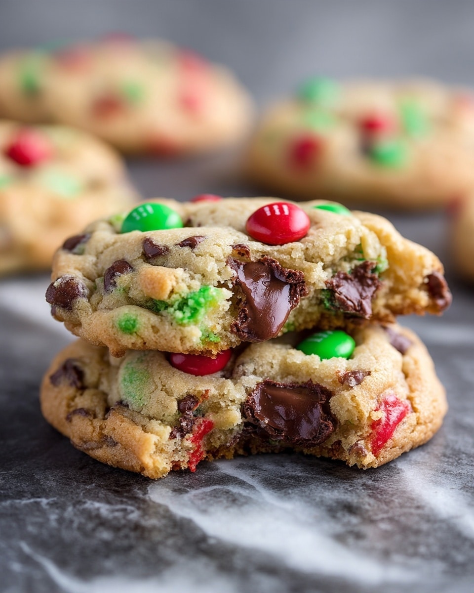 The image shows a close-up of two stacked cookies, each with a light golden brown color and a slightly crumbly texture. The top cookie has a bite taken out, revealing small melted chocolate chunks and bright red and green candy-coated pieces embedded throughout the cookie dough. The second cookie beneath also contains these colorful candy pieces and chocolate chunks, with a soft and chewy appearance. In the background, more cookies with the same colors and textures are slightly blurred out. The cookies rest on a dark gray stone surface with a white marbled texture surrounding it. photo taken with an iphone --ar 4:5 --v 7