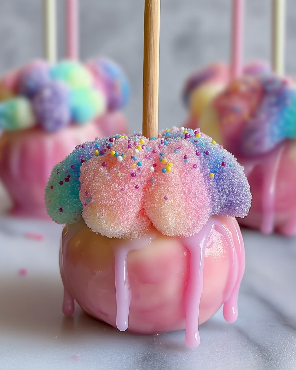 A round pink candy apple with a shiny smooth surface is shown, covered on top with a cloud-like swirl of pastel sugar in pink, purple, blue, and yellow colors, coated heavily with fine sugar crystals and small multicolored sprinkles. The sugar topper has three distinct textured sections arranged like flower petals, sitting above the apple and dripping pink and blue syrup down its sides. The apple is pierced vertically with a wooden stick coming out from the center of the sugar cloud. A white marbled surface is faintly visible underneath the apple. photo taken with an iphone --ar 4:5 --v 7