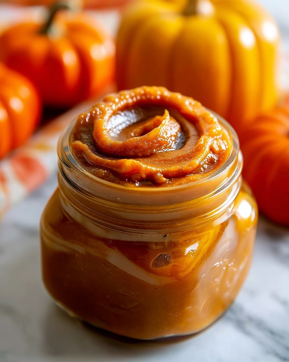 A close-up of a clear jar filled with smooth, thick pumpkin puree, swirled beautifully on top with rich orange color and slightly shiny texture. The jar sits on a white marbled surface, and in the blurred background, there are bright orange pumpkins and a yellowish round object, adding warmth to the scene. The focus is on the puree's creamy texture and vibrant color, filling the jar nearly to the top. photo taken with an iphone --ar 4:5 --v 7