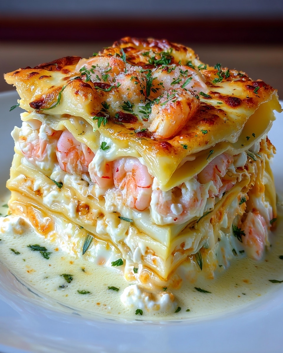 A thick piece of lasagna is shown on a white plate, with five visible layers. The first layer at the bottom is creamy white sauce mixed with herbs, followed by a pale yellow pasta sheet. The second layer consists of pink shrimp embedded in a white creamy sauce with bits of green herbs. Another pale yellow pasta sheet forms the third layer. The fourth layer repeats the shrimp and creamy white sauce, and the top fifth layer is a golden brown melted cheese with shrimp and green chopped herbs sprinkled over it. The edges of the lasagna have a slightly browned, crispy look, and some creamy sauce spills over the plate. Photo taken with an iphone --ar 4:5 --v 7