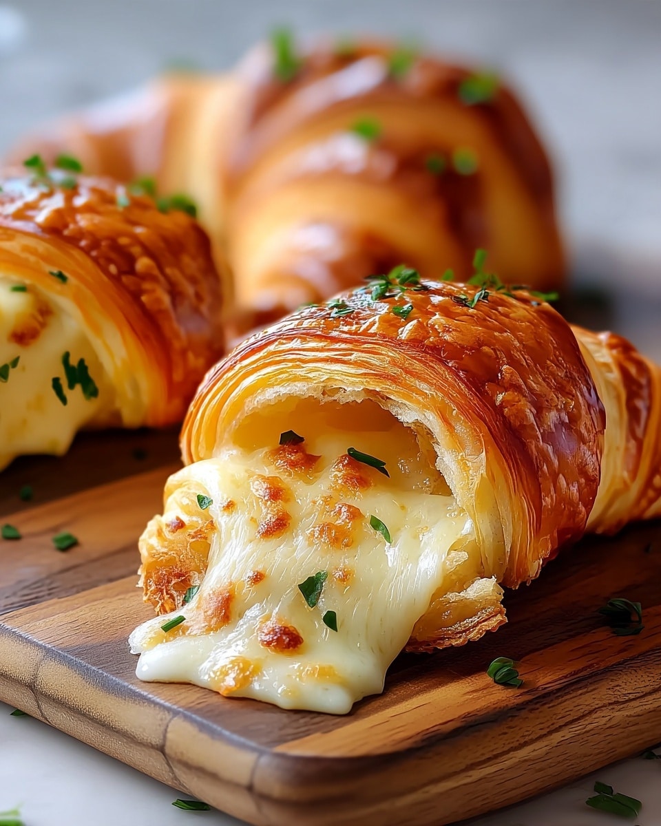 A close-up view of a group of golden brown croissants with a shiny, flaky crust showing visible layered texture. The croissant in front is sliced open revealing creamy, melted white cheese oozing out from inside. Small green parsley leaves are sprinkled on top and around the croissants, adding a fresh color contrast. The croissants rest on a wooden board with clear grain and texture. The background features a soft focus of more croissants. photo taken with an iphone --ar 4:5 --v 7