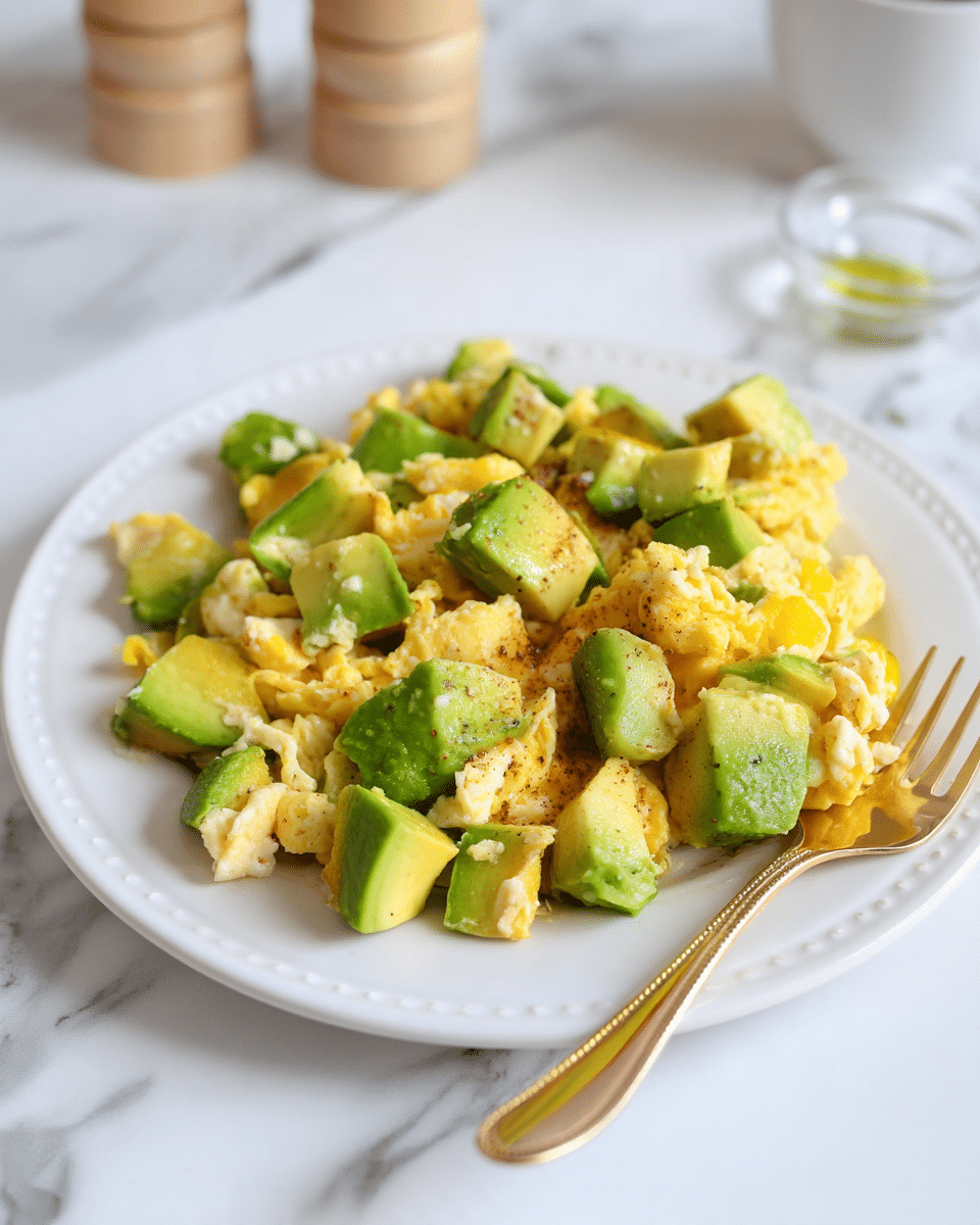A white plate is filled with a mix of scrambled eggs and bright green avocado chunks. The scrambled eggs make up the base layer with a soft, slightly fluffy yellow texture scattered all over the plate. On top of and mixed into the eggs are medium-sized cubes of green avocado, with some pieces showing a slightly browned edge, adding a firmer texture contrast. A gold fork rests on the right side of the plate, with part of the food on it. The plate is placed on a white marbled surface, and in the background, blurry light tan pepper mills and a small clear bowl with a bit of oil are visible. photo taken with an iphone --ar 4:5 --v 7