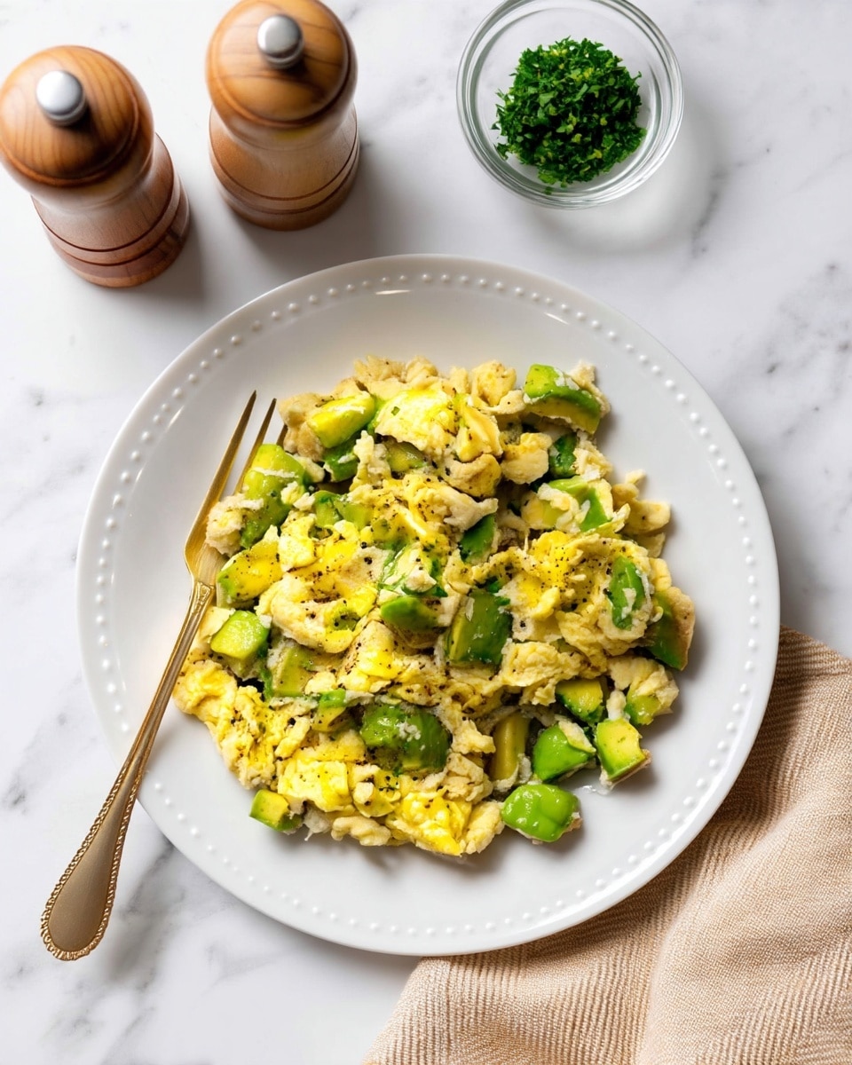 A white plate holds scrambled eggs mixed with green avocado chunks, both cut into medium pieces creating one combined layer with a soft, slightly uneven texture, sprinkled with black pepper. A silver fork rests on the right side of the plate, partly under the eggs and avocado. Above the plate, a small clear glass bowl contains green chopped herbs, and two wooden pepper and salt grinders stand on the left side. This all sits on a white marbled surface, with a beige textured cloth lying to the bottom right corner. Photo taken with an iphone --ar 4:5 --v 7