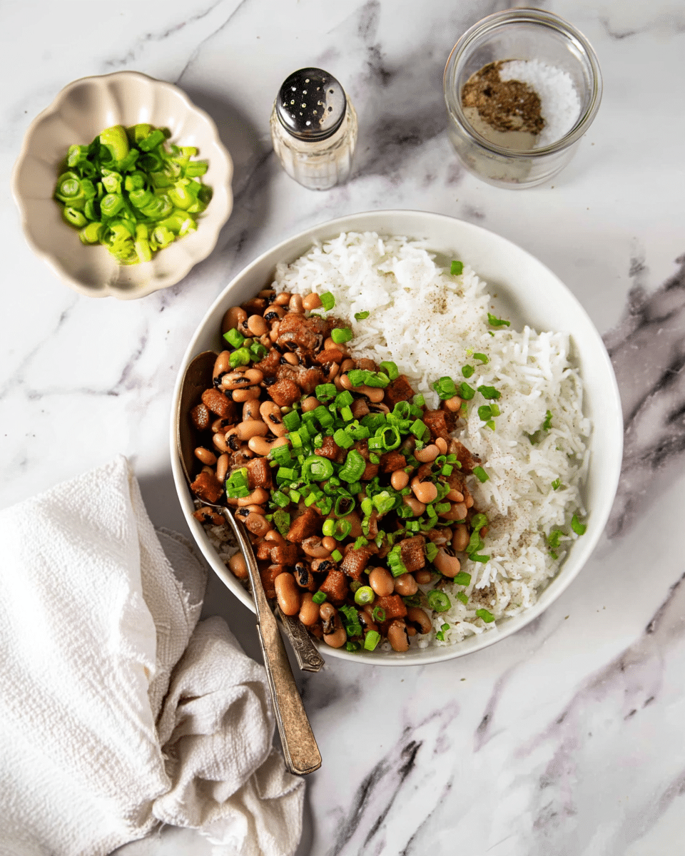 A white bowl filled with a base layer of white fluffy rice, topped with a mix of beige and black-eyed beans and small reddish-brown cubed meat pieces, garnished with bright green chopped scallions. The bowl is placed on a white marbled surface alongside a small white dish of more chopped scallions. Two vintage silver utensils lay together inside the bowl resting on the rice. Two glass shakers with metal tops, one containing salt and the other pepper, sit near the bowl. A soft white cloth is casually placed to the side. photo taken with an iphone --ar 4:5 --v 7