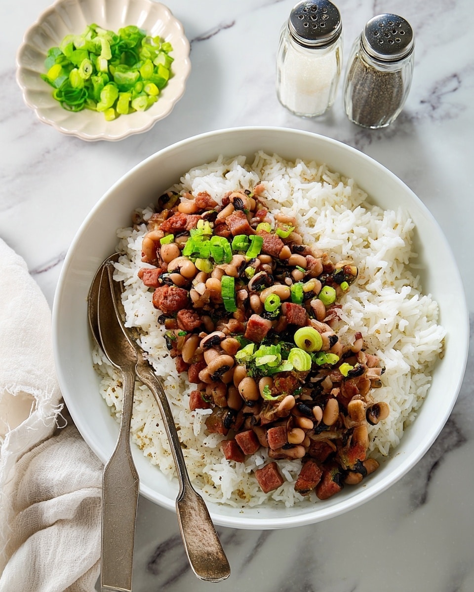 A deep white bowl filled with a large base layer of fluffy white rice, topped with a mixed layer of cooked black-eyed peas and small cubes of brown meat, sprinkled with chopped bright green onions on top. Two vintage silver utensils rest on the left side inside the bowl. In the background on the white marbled surface, there is a small white scalloped dish with more chopped green onions and two clear glass salt and pepper shakers with metallic tops. A light beige cloth napkin spills in from the bottom left corner. Photo taken with an iphone --ar 4:5 --v 7