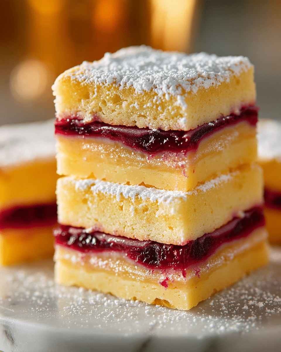 A close-up image shows three square bars stacked on a white marbled surface, each bar made of three layers. The bottom and top layers are thick, soft, and yellow cake with a light, spongy texture, dusted with white powdered sugar on top. Between those layers, there is a shiny, deep red layer of jam with a slightly glossy and sticky texture, evenly spread. The edges of the bars are clean-cut, showing the clear division of the three layers. The background is blurred with a warm light, giving a cozy feel. photo taken with an iphone --ar 4:5 --v 7