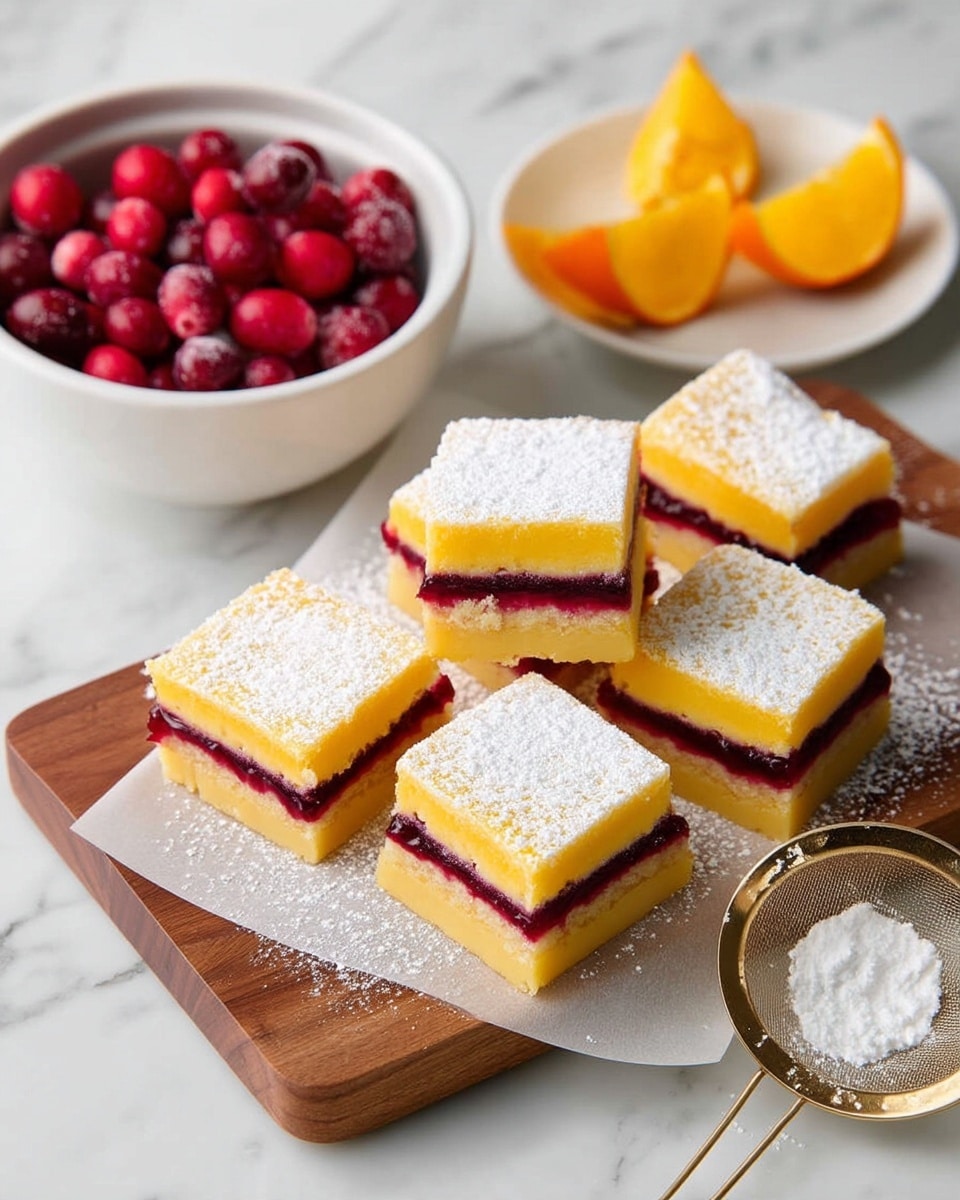 The image shows nine square bars of dessert with two visible layers: a yellow top and bottom layer with a smooth texture and a dark red, jam-like middle layer. The bars are dusted with white powdered sugar and placed on a piece of parchment paper on a wooden board. On the top left corner, there is a white bowl filled with bright red berries, with a few berries placed on the white marbled surface nearby. Next to the bowl is a small white plate holding three peeled orange segments. At the bottom right corner, there is a gold sieve partially filled with powdered sugar. The whole setup is on a white marbled surface. photo taken with an iphone --ar 4:5 --v 7