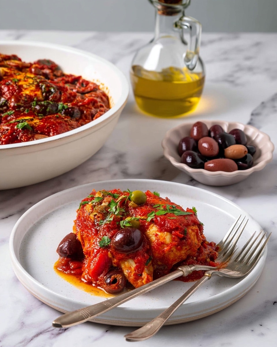 A white plate holds a single serving of a rich, red tomato-based dish with visible layers of cooked chicken topped with a thick sauce made of chunky tomatoes, dark purple olives, and small green capers, garnished with fresh green herbs. To the side are silver knife and fork resting on the plate. In the background, a large white bowl contains the same dish, showing more of the chicken pieces soaking in the vibrant red sauce mixed with olives and herbs. Next to it, there is a clear glass bottle filled with yellow olive oil with a cork stopper, and two small white scalloped bowls filled with dark olives and green capers. The scene is set on a white marbled textured surface. Photo taken with an iphone --ar 4:5 --v 7
