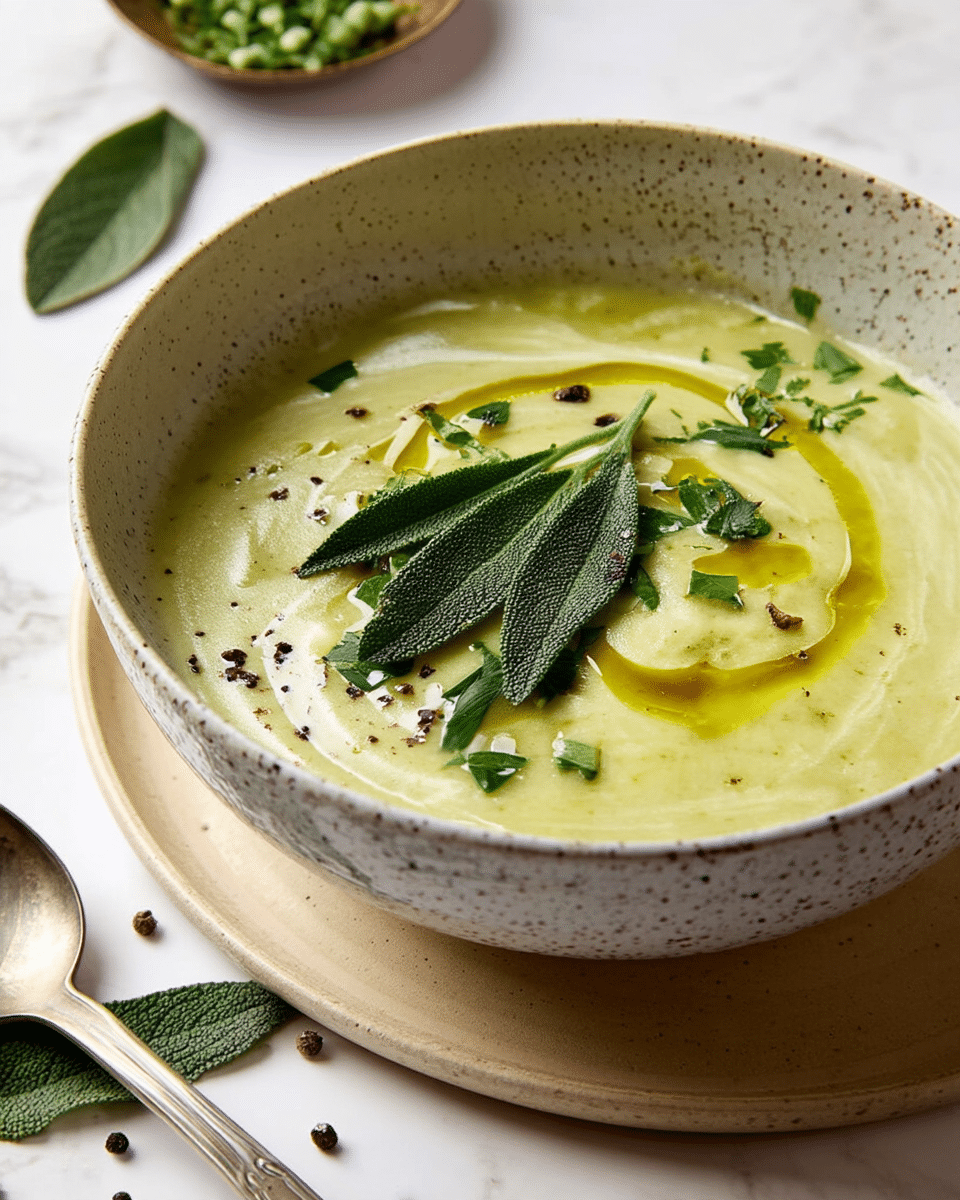 A creamy light green soup fills a speckled bowl placed on a beige plate, creating two smooth layers: the soup with a lightly textured surface and a swirl of golden olive oil on top. Scattered fresh dark green herb leaves and a few tiny black pepper specks rest on the oil, adding contrast. The background is a white marbled texture, with parts of a small bowl of herbs and a spoon visible near the edges. Photo taken with an iphone --ar 4:5 --v 7