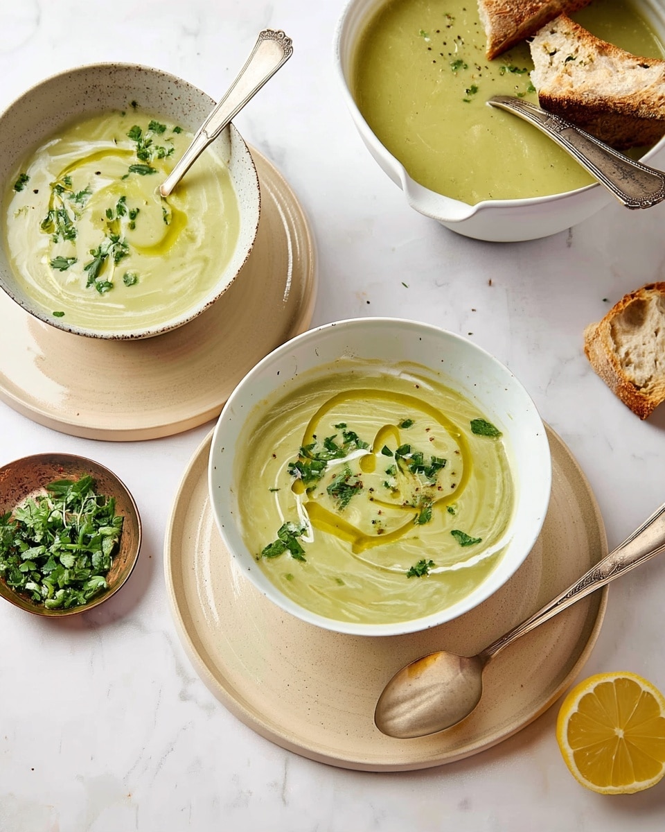 Two white bowls of green creamy soup are placed on round beige plates over a white marbled surface. The soup in each bowl has a smooth texture with swirls of cream and a drizzle of olive oil on top, sprinkled with chopped fresh green herbs and a few cracks of black pepper. One bowl has a silver spoon inside, resting diagonally, while the other spoon lies on the beige plate beside the bowl. In the background, a larger white bowl filled with the same green soup sits with a spoon inside. To the side, a small wooden bowl holds more chopped herbs, and a halved lemon rests on the surface near the soup bowls. photo taken with an iphone --ar 4:5 --v 7